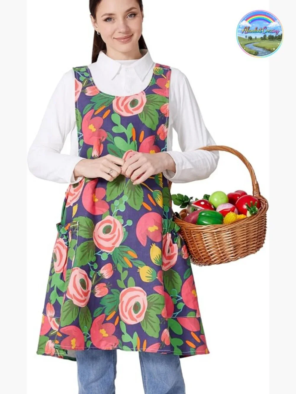 Adjustable Cross Back Apron with Pockets Cotton Linen Blend Full Length